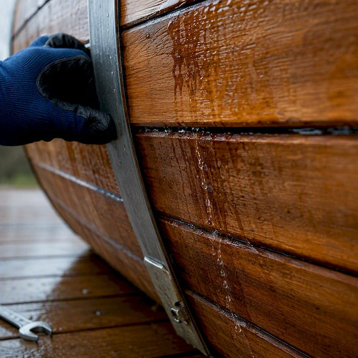 Water seeping through a barrel sauna stave seam