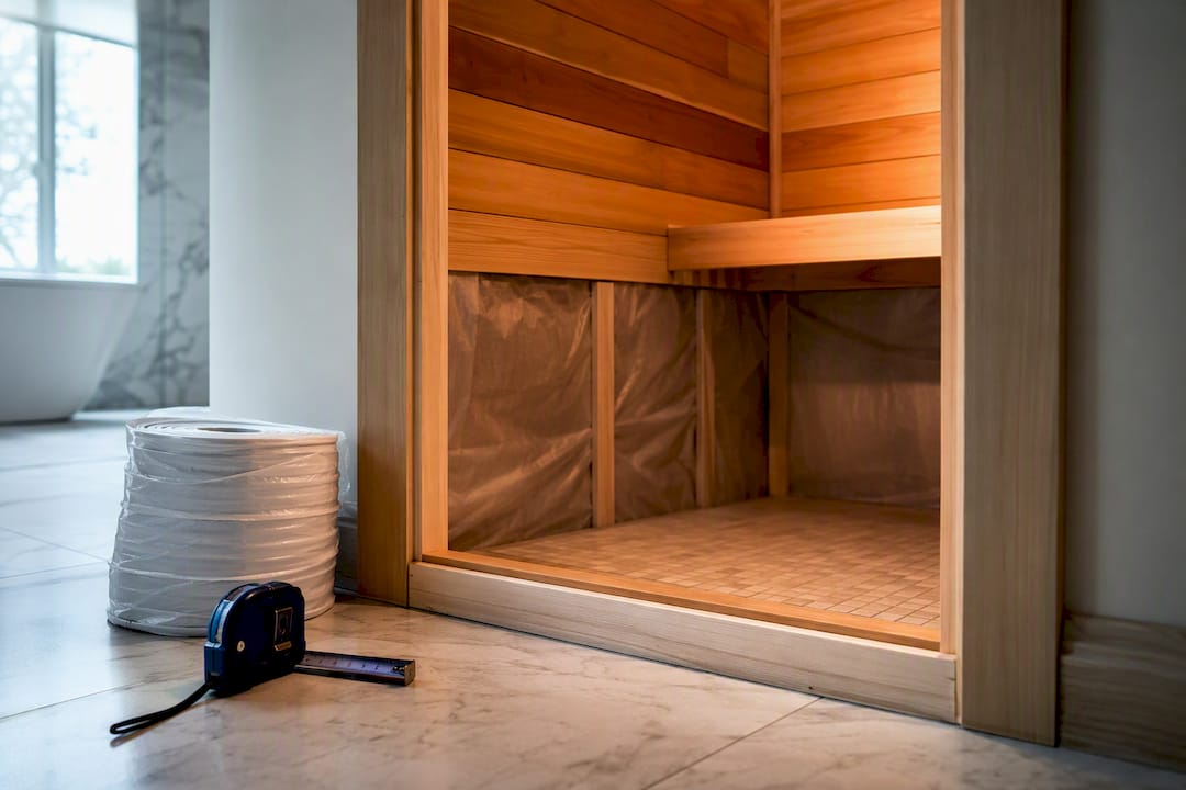 Compact sauna enclosure within a bathroom retrofit