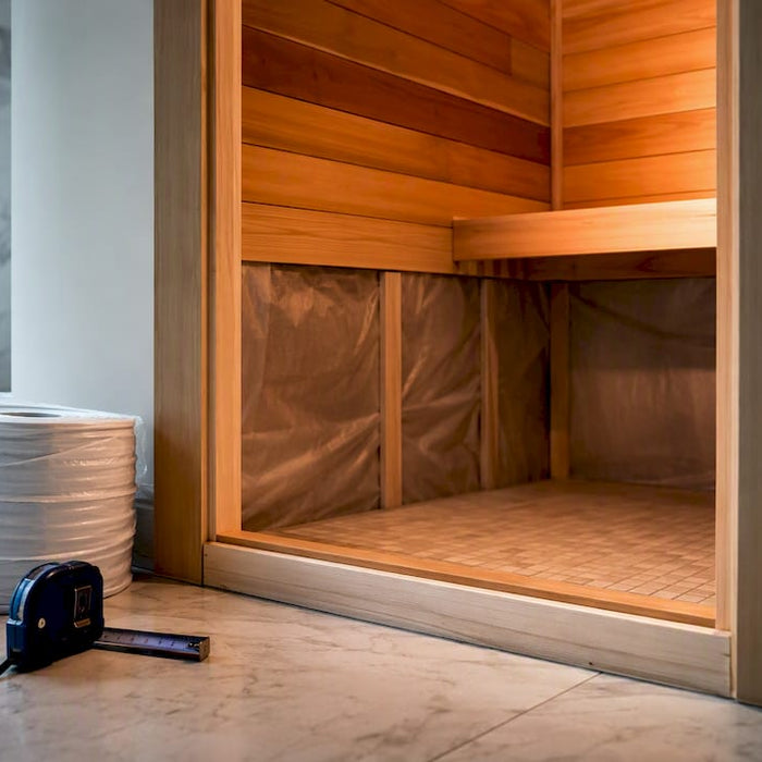 Compact sauna enclosure within a bathroom retrofit