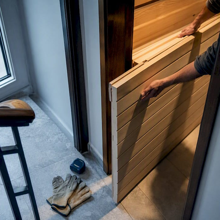 Flat-packed sauna panels entering narrow doorway