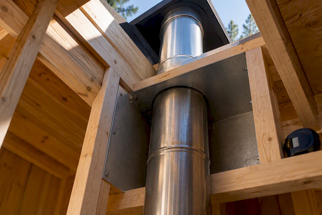Indoor sauna chimney passing through framed roof