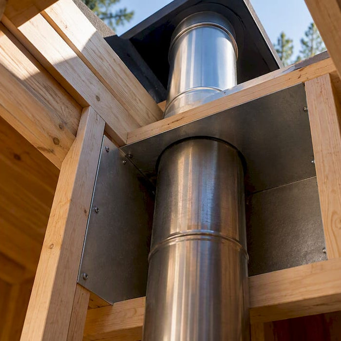 Indoor sauna chimney passing through framed roof