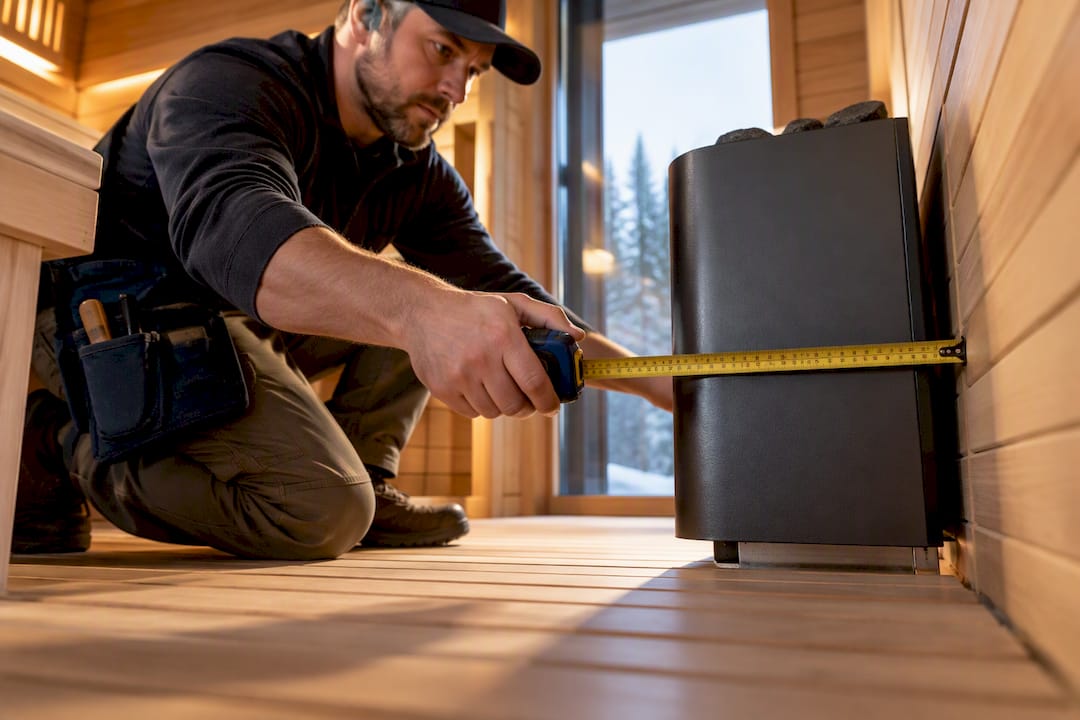 Contractor measuring sauna heater wall clearance