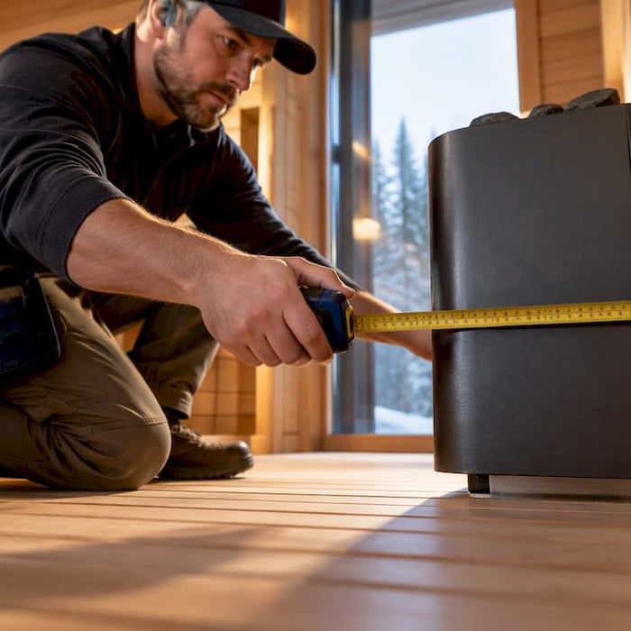 Contractor measuring sauna heater wall clearance