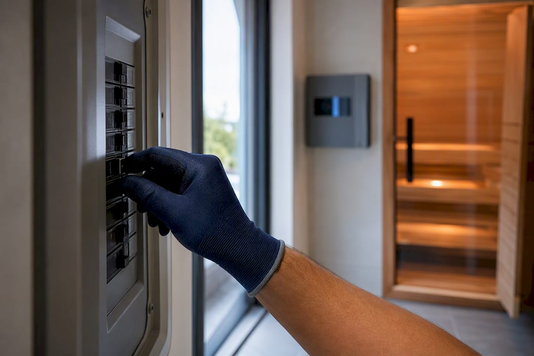 Technician resetting sauna circuit breaker