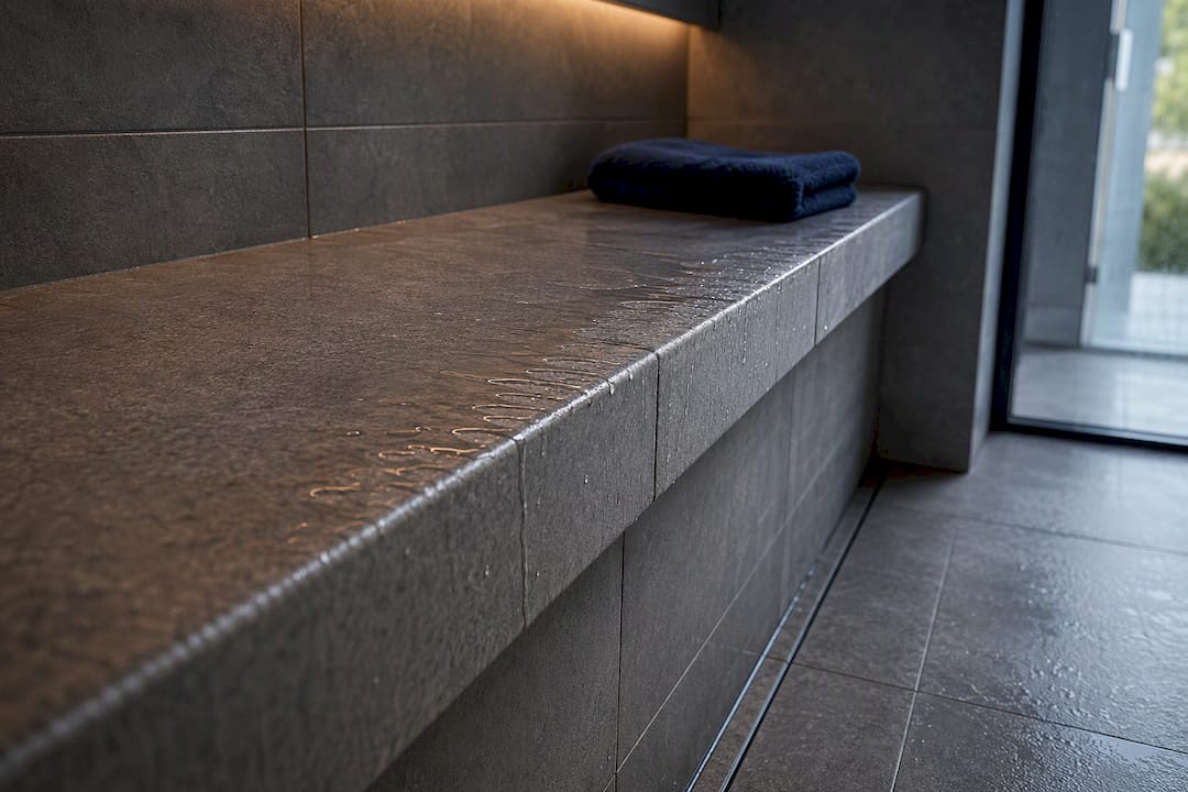 Sloped tiled steam room seat draining water
