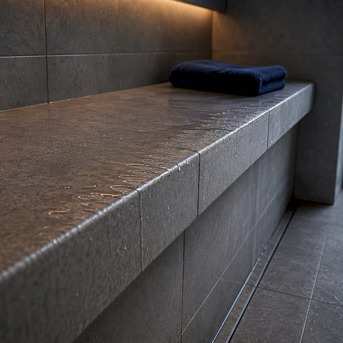 Sloped tiled steam room seat draining water