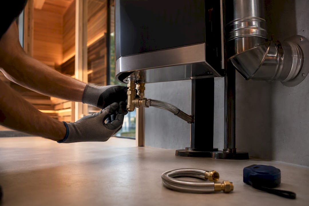Installer checking gas sauna heater connection