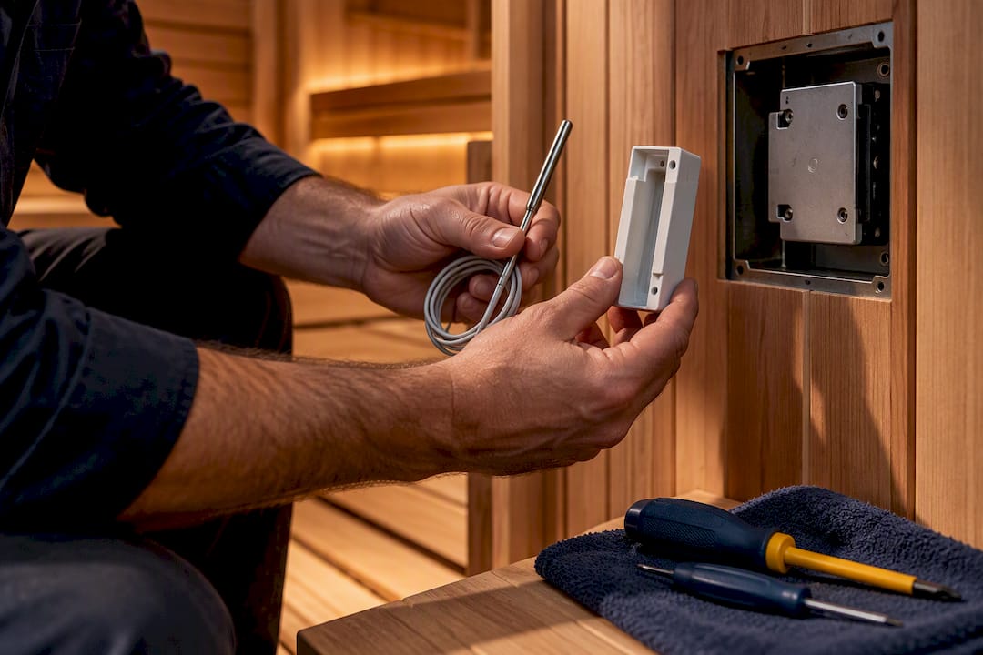 Hands replacing sauna thermostat component