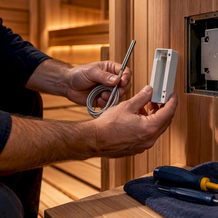 Hands replacing sauna thermostat component