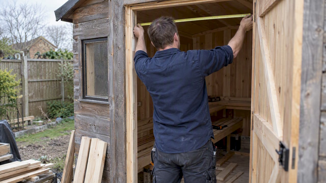 DIYer measuring shed sauna interior