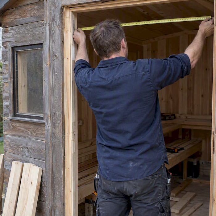 DIYer measuring shed sauna interior