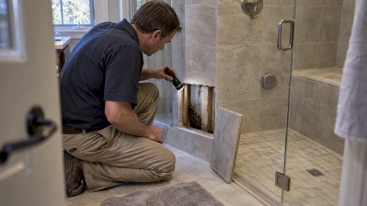 Homeowner inspecting moisture behind steam shower tile