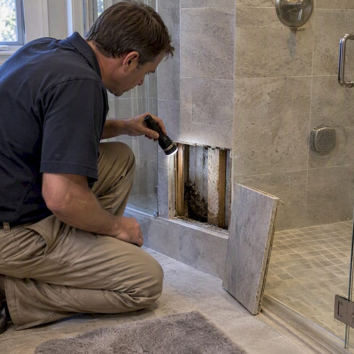Homeowner inspecting moisture behind steam shower tile