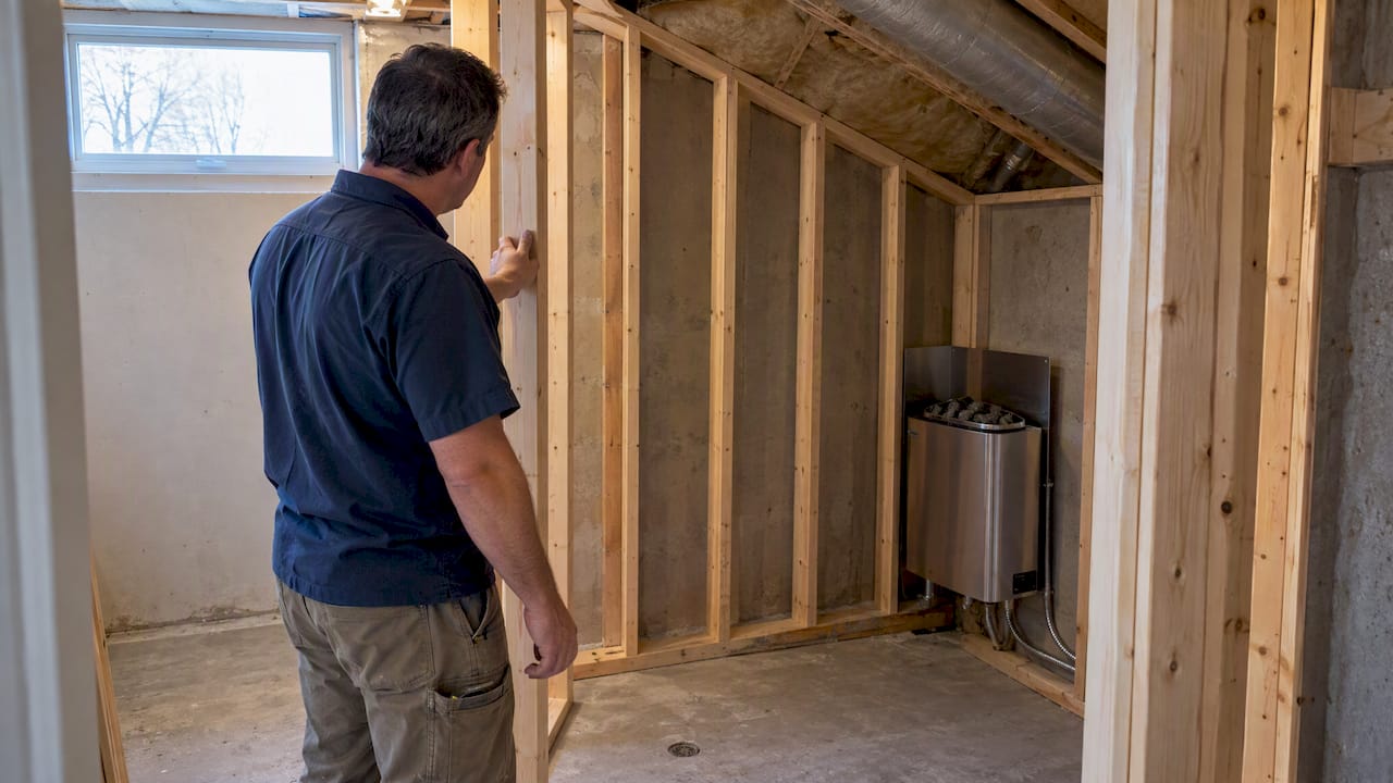 Framed sauna wall with sloped ceiling and heater