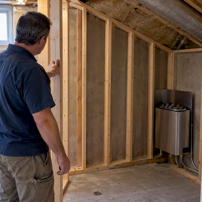 Framed sauna wall with sloped ceiling and heater