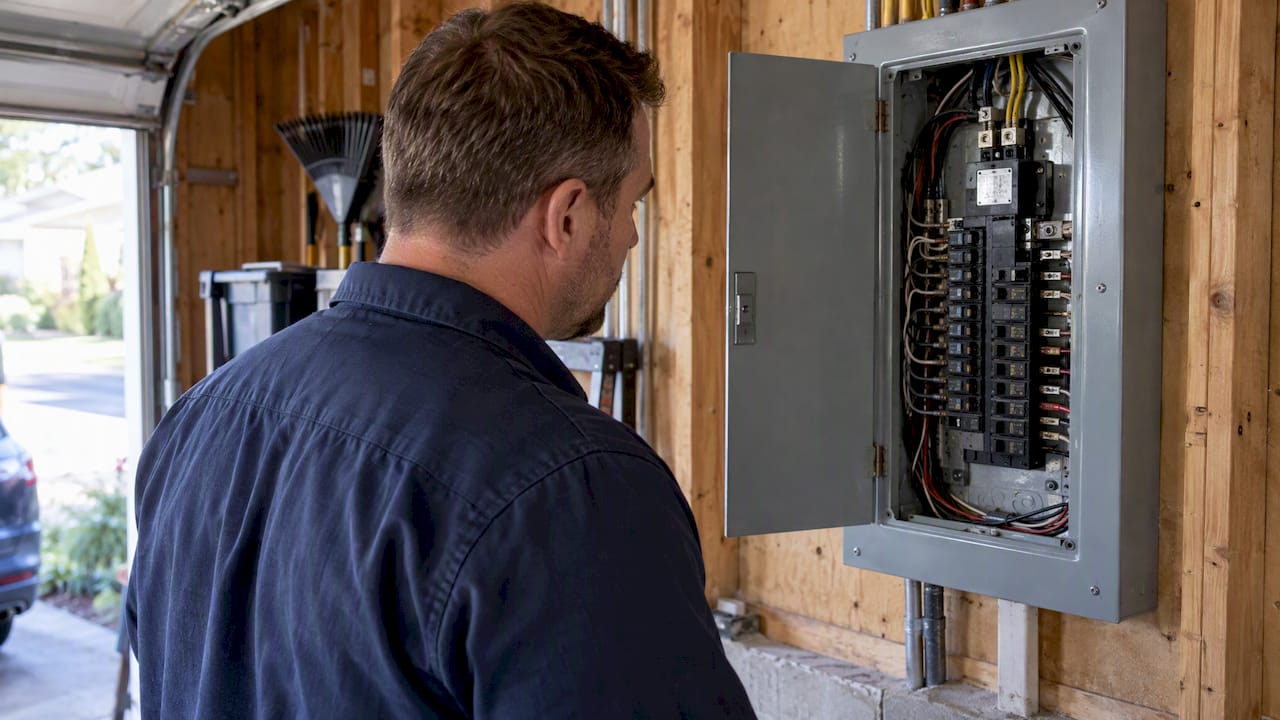 Electrician checking space in a service panel