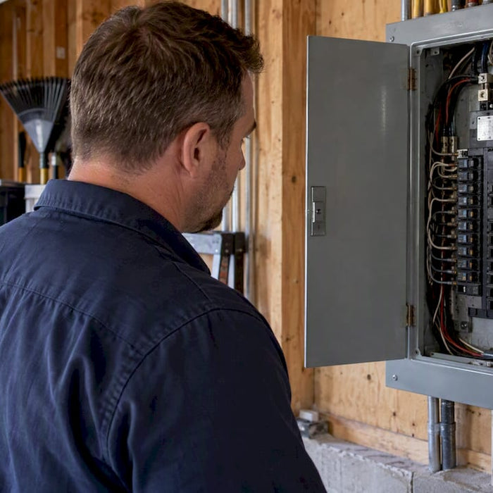 Electrician checking space in a service panel