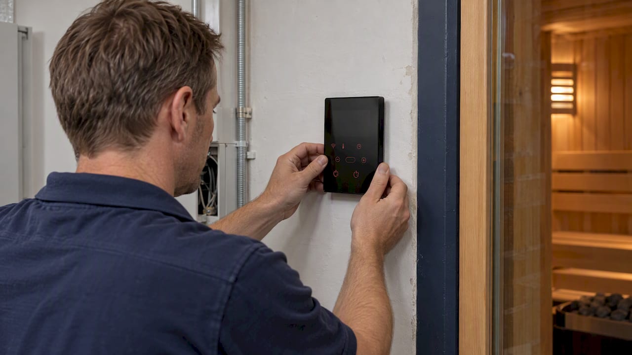 Technician fitting a sauna controller