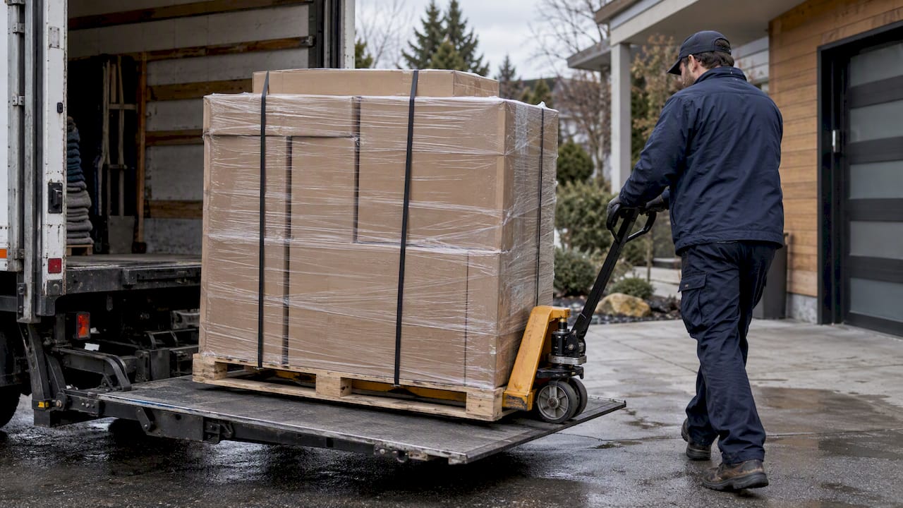 Palletized sauna kit arriving at a home