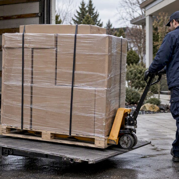 Palletized sauna kit arriving at a home