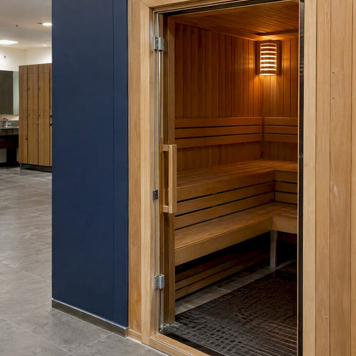 Locker room sauna doorway with timber benches