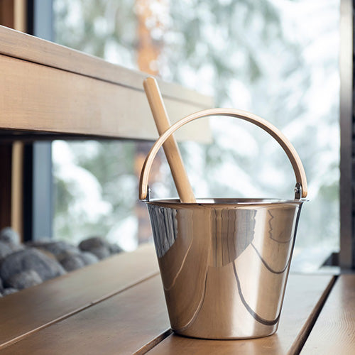 Rento Sauna Bucket, Stainless Steel w/ Birch Wood Curved Handle