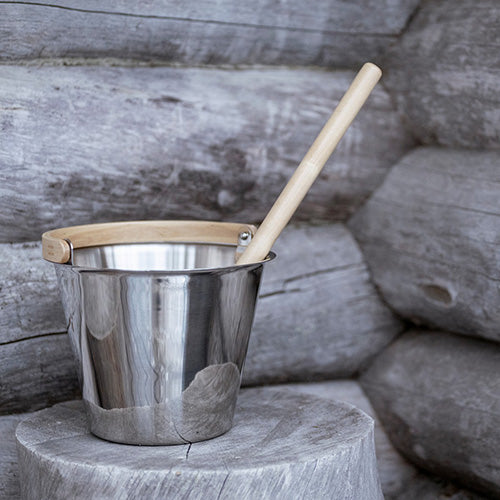 Rento Sauna Bucket, Stainless Steel w/ Birch Wood Curved Handle