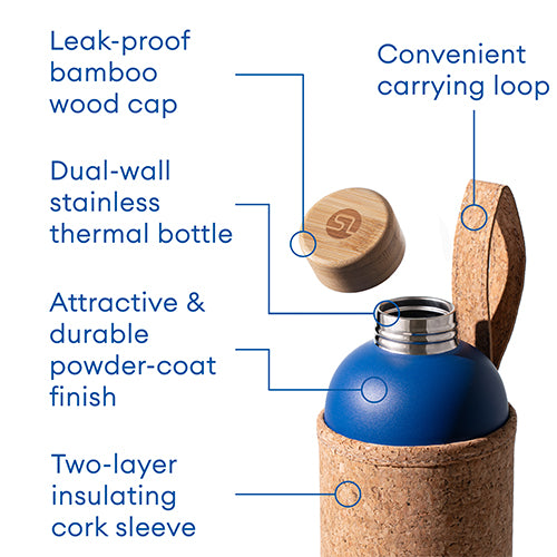 SaunaLife Insulated Water Bottle Double-Wall Stainless w/ Cork-Neoprene Exterior Sleeve