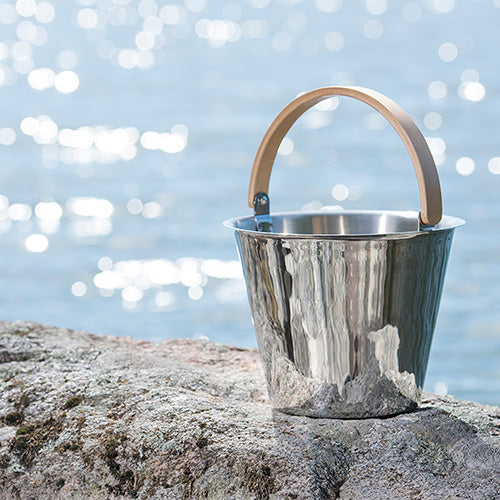 Rento Sauna Bucket, Stainless Steel w/ Birch Wood Curved Handle