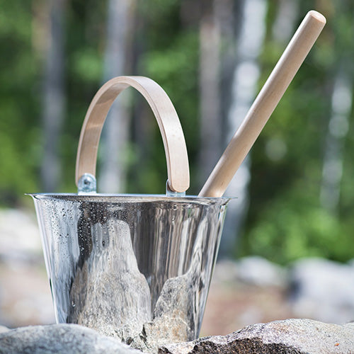 Rento Sauna Bucket, Stainless Steel w/ Birch Wood Curved Handle