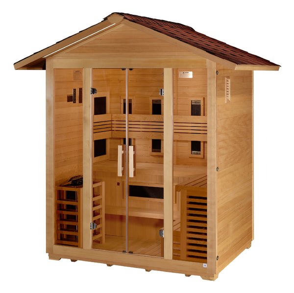 Golden Designs Gargellen 5 - Person Hybrid PureTech™ Full Spectrum IR or Traditional Stove Outdoor Sauna in Canadian Hemlock - Sauna Heater Supply