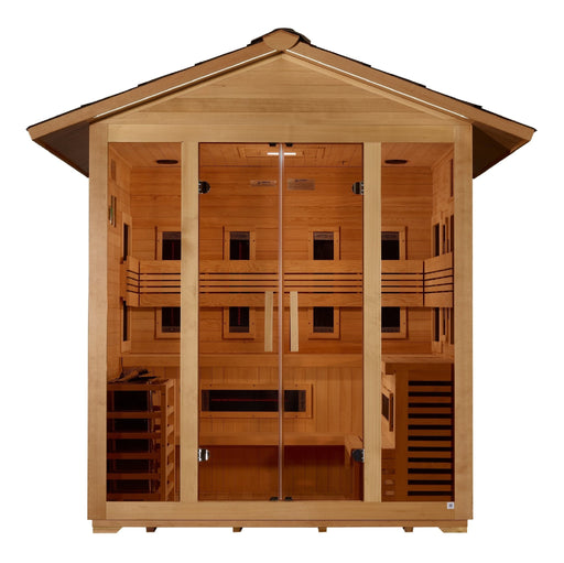 Golden Designs Gargellen 5 - Person Hybrid PureTech™ Full Spectrum IR or Traditional Stove Outdoor Sauna in Canadian Hemlock - Sauna Heater Supply