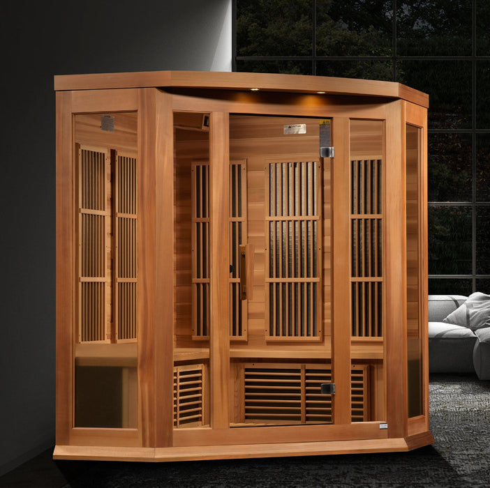 Golden Designs Maxxus "Avignon Edition" 3 - Person Corner Near Zero EMF FAR Infrared Sauna with Canadian Red Cedar - Sauna Heater Supply