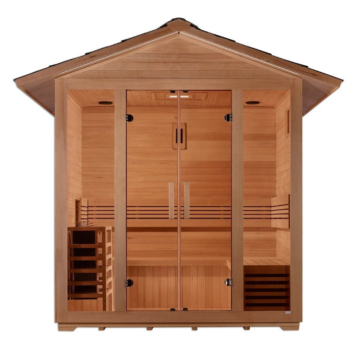 Golden Designs Vorarlberg 5 - Person Outdoor Traditional Sauna with Water Proof Stained Hemlock Wood - Sauna Heater Supply