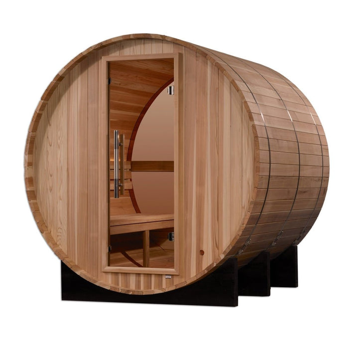 Golden Designs Zurich 4 - Person Outdoor Barrel Traditional Sauna with Bronze Privacy View in Pacific Cedar Wood - Sauna Heater Supply