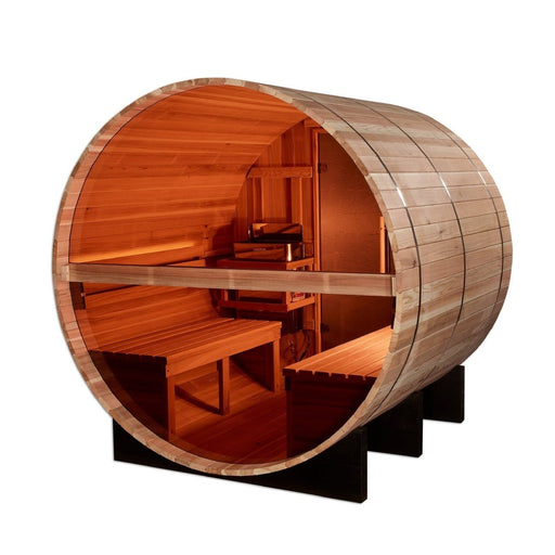 Golden Designs Zurich 4 - Person Outdoor Barrel Traditional Sauna with Bronze Privacy View in Pacific Cedar Wood - Sauna Heater Supply