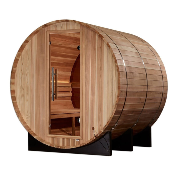 Golden Designs Zurich 4 - Person Outdoor Barrel Traditional Sauna with Bronze Privacy View in Pacific Cedar Wood - Sauna Heater Supply