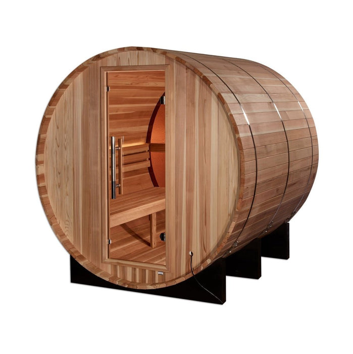 Golden Designs Zurich 4 - Person Outdoor Barrel Traditional Sauna with Bronze Privacy View in Pacific Cedar Wood - Sauna Heater Supply