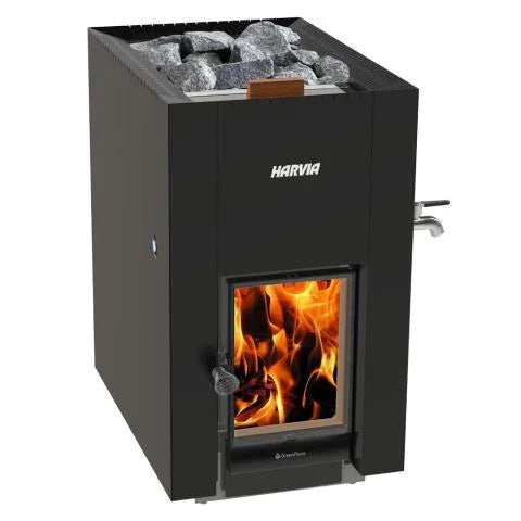 Harvia GreenFlame Series, 15.7kW, Wood Sauna Stove with Water Tank - Sauna Heater Supply