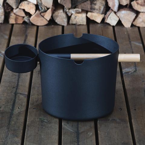 SaunaLife Aluminum 1 - Gallon Sauna Bucket Set with Wood Ladle and Thermometer, Black - Sauna Heater Supply