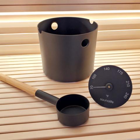 SaunaLife Aluminum 1-Gallon Sauna Bucket Set with Wood Ladle and Thermometer, Black