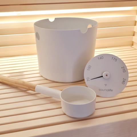 SaunaLife Aluminum 1-Gallon Sauna Bucket Set with Wood Ladle and Thermometer, White