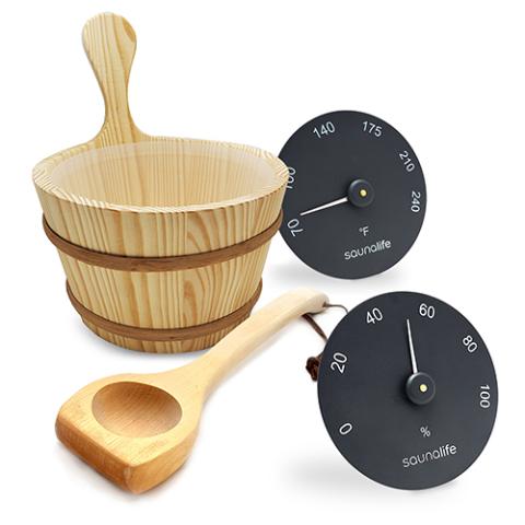 SaunaLife Wooden 1-Gallon Sauna Bucket, Wood Ladle, Thermometer, Hygrometer, Black